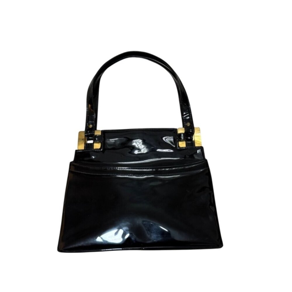 Lux Black Patent Leather Handbag Glossy VTG 60s Top Handles Gold Tone Hardware